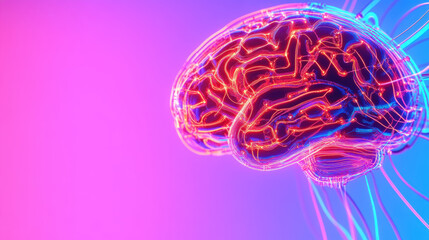 Futuristic depiction of a human brain with glowing neural connections against a gradient purple and blue background