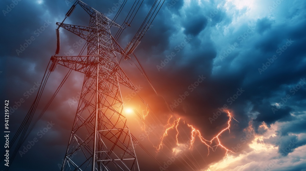Poster a detailed image of a high-voltage electrical tower with its metal framework and power lines, set ag
