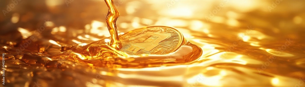 Poster a close-up of a golden coin submerged in shimmering liquid, symbolizing wealth and prosperity in a d