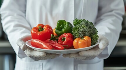 Scientist holding plate of fresh vegetables, symbolizing food sensitivity testing and dietary control for gut health.