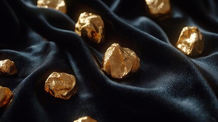 A collection of shiny gold nuggets scattered on a luxurious dark velvet fabric, showcasing elegance and wealth.