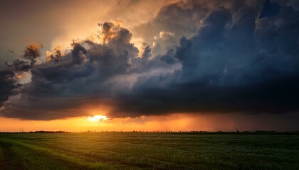 Obraz premium Sunset over a field with mountains in the background