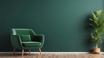 Green Velvet Armchair with Plant in a Green Room