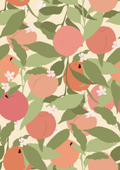 Peachy pattern with tropical pastel colored fruits. Vector seamless texture illustration in cute groovy style.