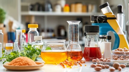 Laboratory setup with food samples and testing equipment, representing food sensitivity tests and food intolerance research.