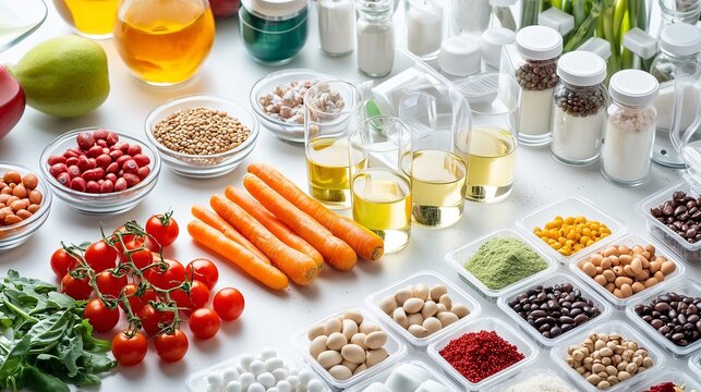 Assorted foods and oils symbolizing food sensitivity tests and digestive health.