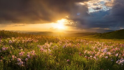 Sunset over a lush green field with a picturesque mountainous backdrop and vibrant sky