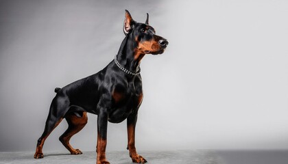 A strong and alert Doberman Pinscher is captured standing proudly against a smooth gray background. The dog, known for its loyalty and protective nature, displays a sleek black and brown coat.