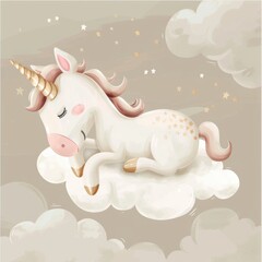 Cute unicorn sleeping on a cloud, with a beige colored background, in a soft and dreamy depiction