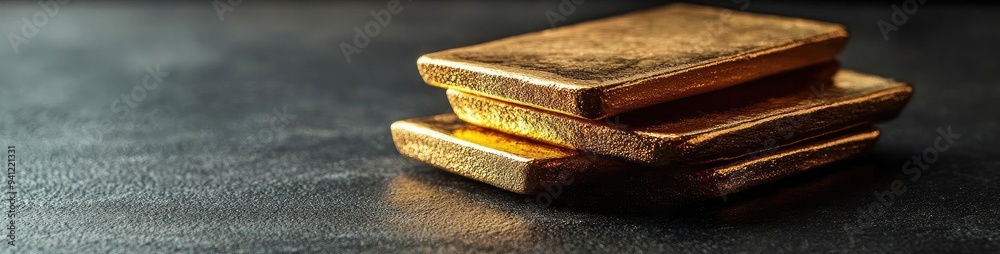 Poster stack of pristine gold bars reflecting light on a dark surface, symbolizing wealth and luxury in a m