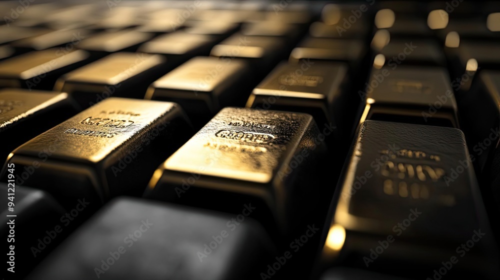 Poster a close-up view of gleaming gold bars stacked elegantly, showcasing their shiny surface and intricat