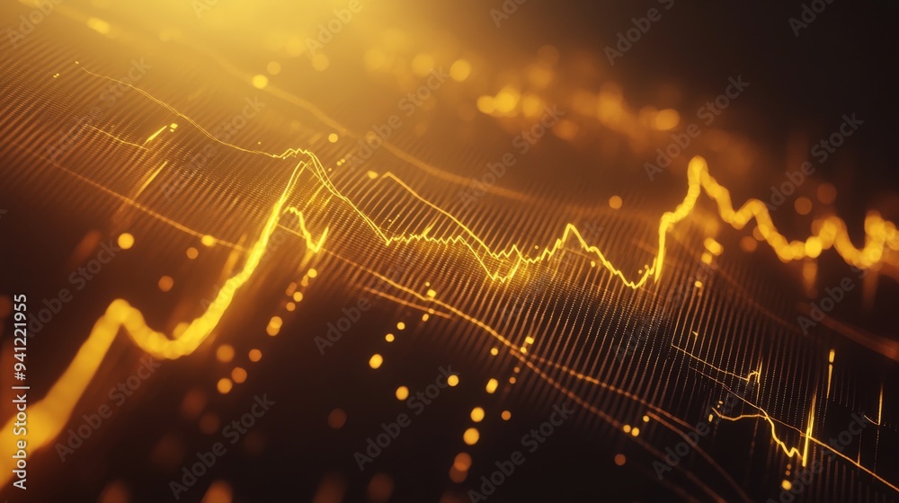 Fototapete a detailed shot of a 3d line graph illustrating stock market performance, with golden lines and data