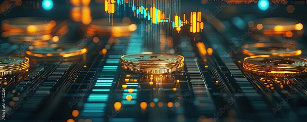 Aufkleber digital coins and financial charts represent the dynamic world of cryptocurrency investment and mark