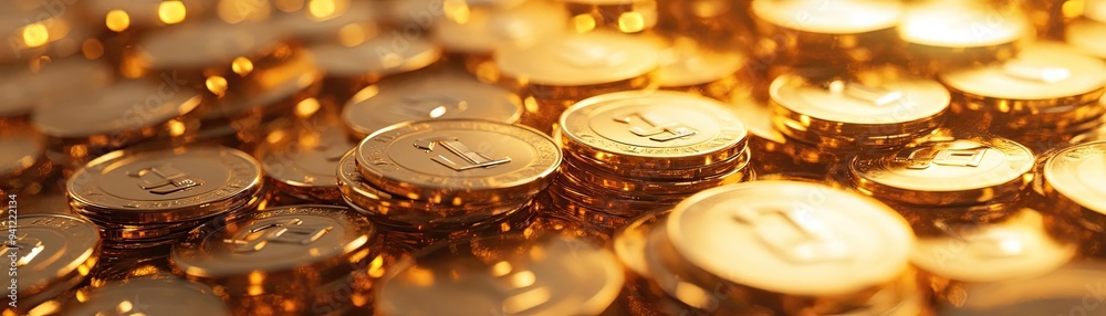 Poster A close-up view of gleaming gold coins stacked elegantly, reflecting light and symbolizing wealth and prosperity.