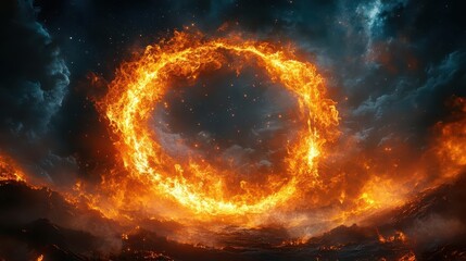 Fototapeta premium mesmerizing ring of fire against starry night sky flames dancing and intertwining sparks spiraling outward smoky tendrils forming mystical symbols within circle