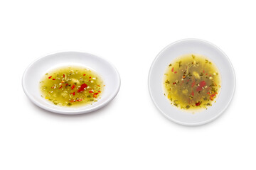 Seafood Sauce on White Background, Spicy Seafood Dipping Sauce, Thai Seafood Sauce. Clipping Path.