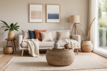 Minimalist living room with a white sofa, wicker accents, and natural light.