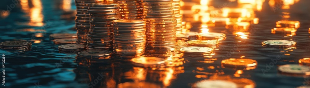 Poster a collection of shimmering coins stacked on a reflective surface, illuminated by soft golden light, 
