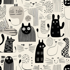 A black and white cat drawing with a smiling face. The cats are all different sizes and shapes, and some are sitting while others are standing. Scene is playful and whimsical