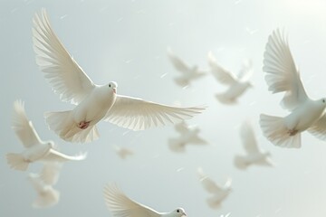 A group of white birds flying together in unison, great for nature or wildlife scenes