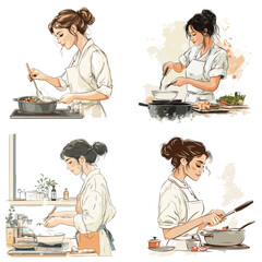 A woman is cooking in a kitchen with a pot on the stove. She is wearing a white shirt and apron