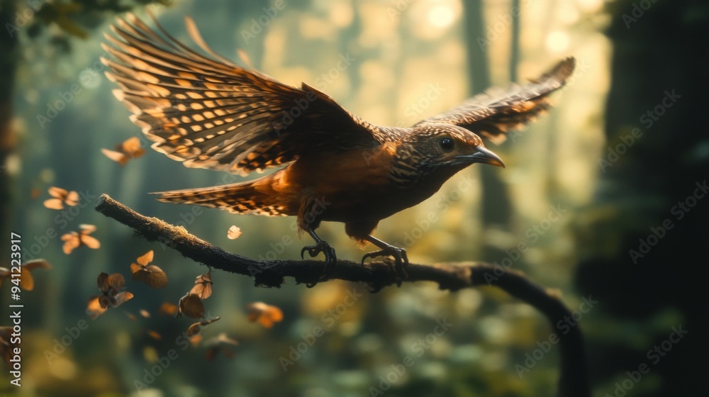 Poster a detailed shot of a bird taking off from a branch, with feathers in motion and a nearby forest back