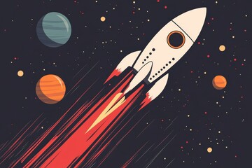 Vibrant space adventure science theme illustration, streamlined rocket and planet with moons and stars in subtle color accents.
