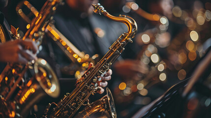 Fototapeta premium Enchanting jazz performance featuring saxophonists adorned in elegant attire illuminating a lively atmosphere. Generative AI