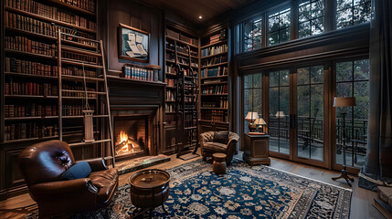 A sophisticated home library with floor-to-ceiling bookshelves, a ladder on wheels, and a cozy fireplace, creating the perfect space for reading and contemplation
