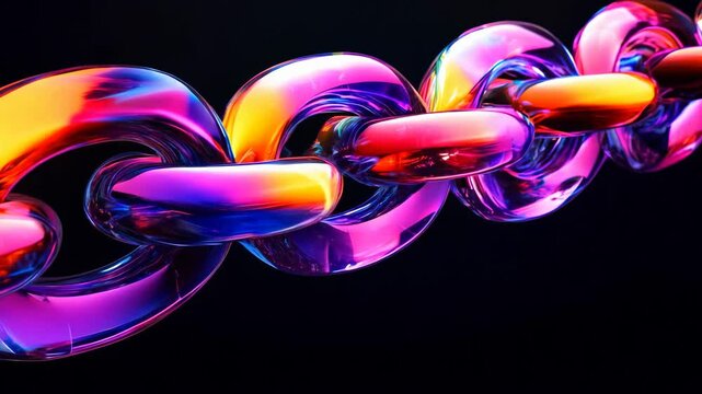 Glowing neon chains with intricate light reflections against a dark background