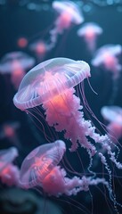 Obraz premium A group of jellyfish float through the water, their translucent bodies glowing a soft pink.