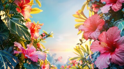 Abstract summer background with vivid tropical flowers and gradient skies, lush and colorful