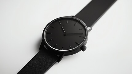 A sleek black wristwatch with a minimalist design, featuring a black leather strap.