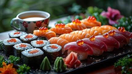 Elegant Assortment of Sushi with Rolls, Sashimi, Nigiri, and Accompaniments