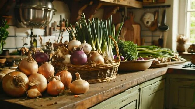Fresh Onions and Green Onions Ready for Cooking in Rustic Kitchen