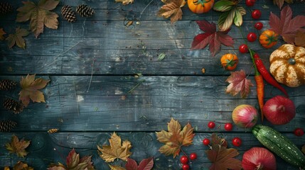 Abstract autumn background with a scattering of colorful leaves and seasonal vegetables on a rough wooden backdrop