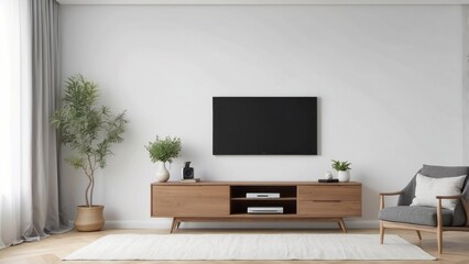 Minimalist Living Room with a Flat Screen TV, Wooden Cabinet, and Armchair