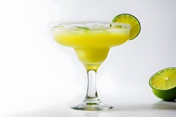 A colorful margarita in a salted rim glass with a lime wedge on a white background, AI Generated