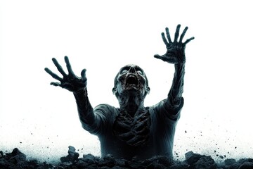 Fototapeta premium A haunting image of a skeletal figure emerging from darkness, symbolizing struggle, fear, and desperation against an eerie backdrop.