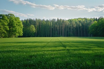 Obraz premium A serene landscape featuring a green field with trees in the background, suitable for use as a peaceful scene or nature-inspired design