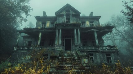 Abandoned old mystical house with broken windows and a creaky porch, creating an ominous atmosphere