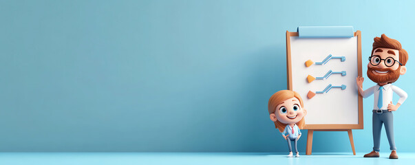 Fototapeta premium A cheerful adult and child present a colorful chart on a blue background, embodying creativity and collaboration.