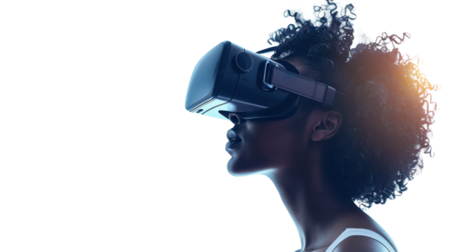 Young woman wearing VR headset, isolated on white background