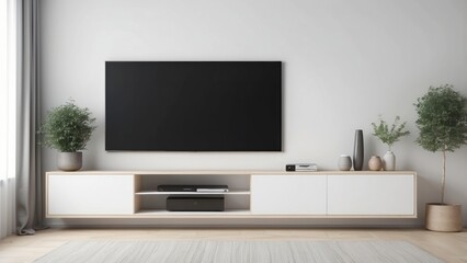 Minimalist Living Room with a Flat Screen TV, Floating Shelf, and Plants