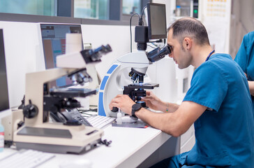 Veterinarian examining samples under a microscope in a lab