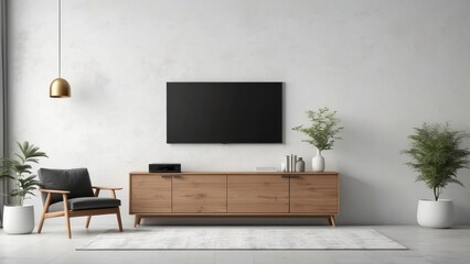 Modern Living Room with TV, Wooden Cabinet, and Plants