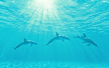 Three dolphins swimming gracefully in clear blue water with sunlight filtering through the surface.