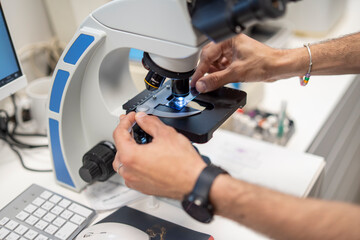 Close-up of a veterinarian working with a microscope