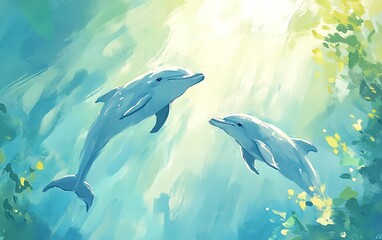 Two dolphins swim gracefully in a serene underwater scene, illuminated by soft light filtering through the water.