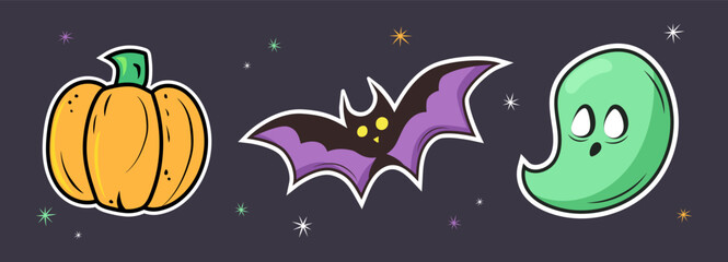 Three Halloween holiday stickers with traditional symbols, pumpkin, bat and ghost. Vector illustration.